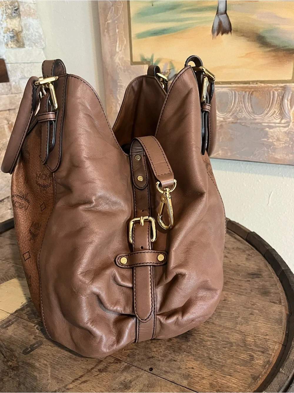 MCM Brown Cognac Monogram Leather Hobo Bag